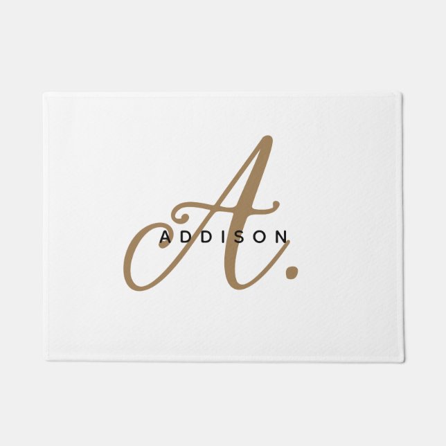 Simple Minimalist Plain White Gold Script Monogram Doormat (Front)