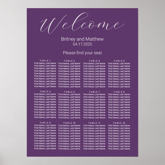 Simple Minimalist Purple Wedding Seating Chart (Front)