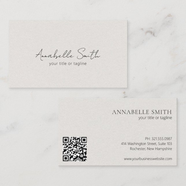Simple Minimalist QR Code Modern Beige Elegant Business Card (Front/Back)