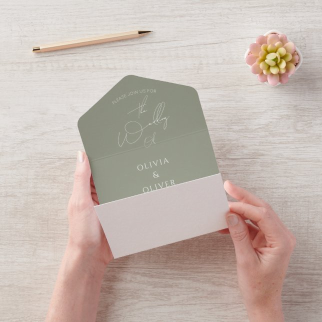 Simple minimalist sage green QR code wedding All In One Invitation (Video)