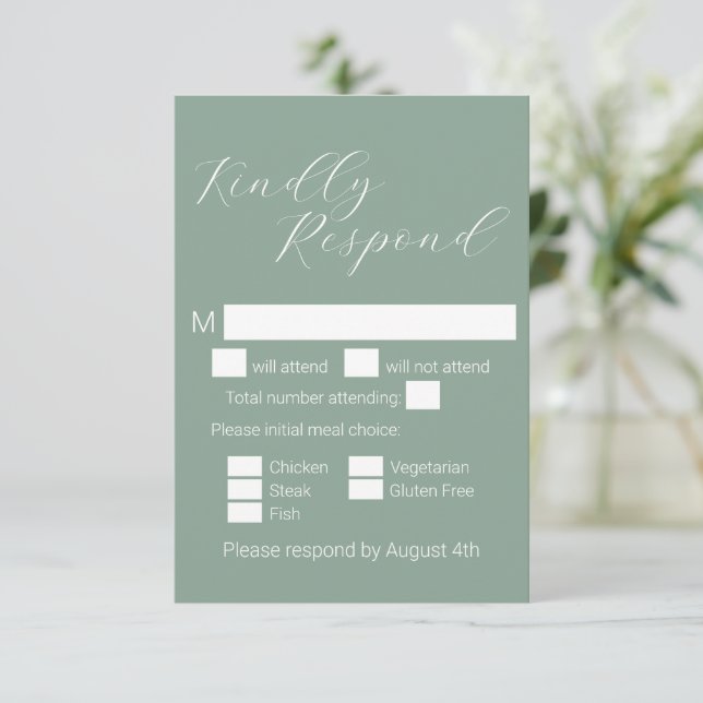 Simple Minimalist Sage Meal Choice Wedding RSVP Card (Standing Front)