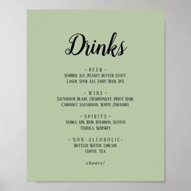 Simple Minimalist|Sage Wedding Drinks Menu Poster (Front)