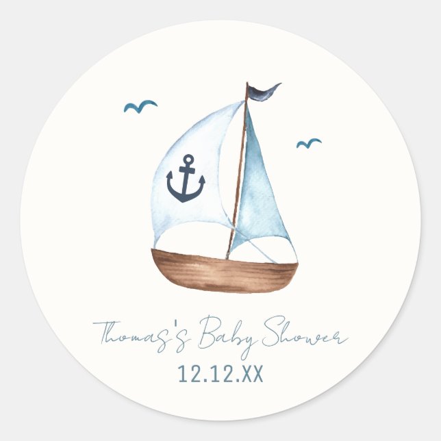 Simple Minimalist Sailboat Anchor Baby Shower  Classic Round Sticker (Front)