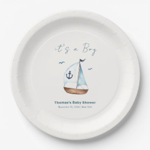 Simple Minimalist Sailboat Anchor Baby Shower  Paper Plate
