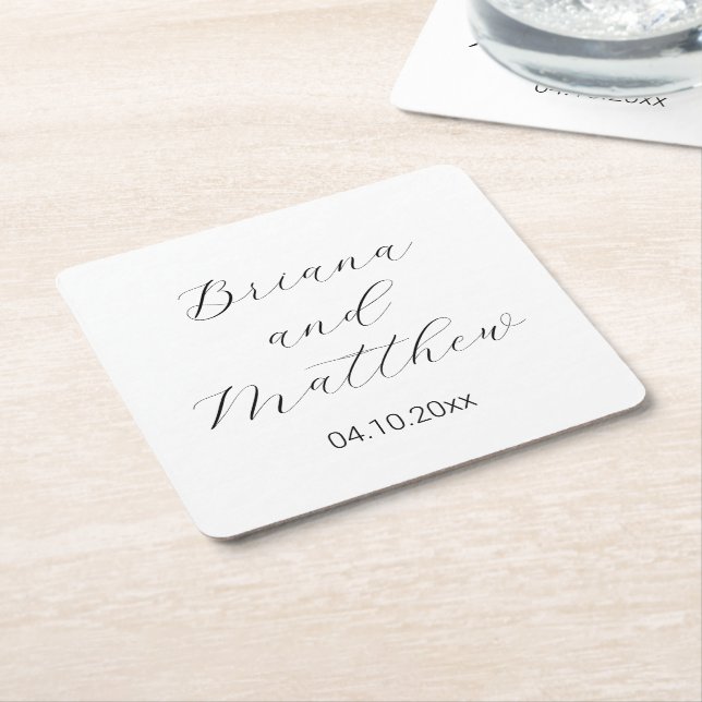 Simple Minimalist Script Calligraphy White Wedding Square Paper Coaster (Angled)