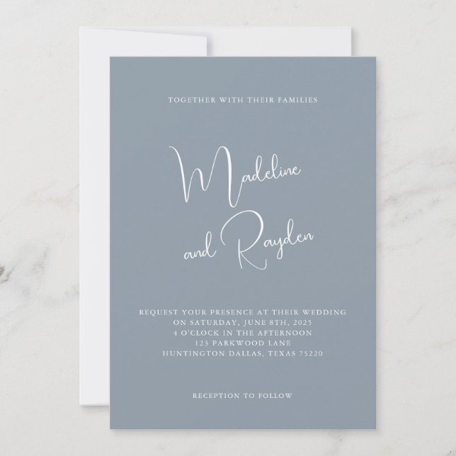 Simple Minimalist Script Dusty Blue Photo Wedding Invitation (Front)