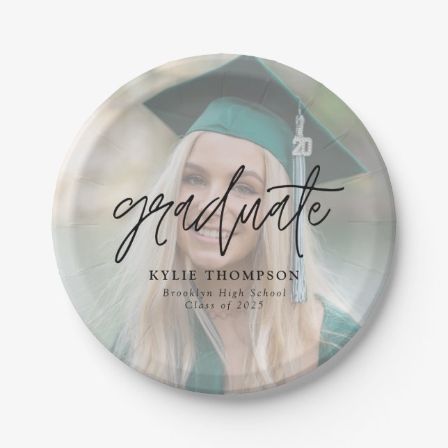 Simple Minimalist Script Graduation Photo Overlay Paper Plate (Front)