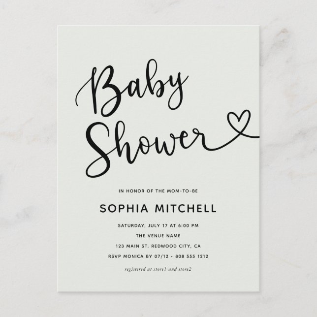 Simple Minimalist Script Heart Baby Shower Postcard (Front)