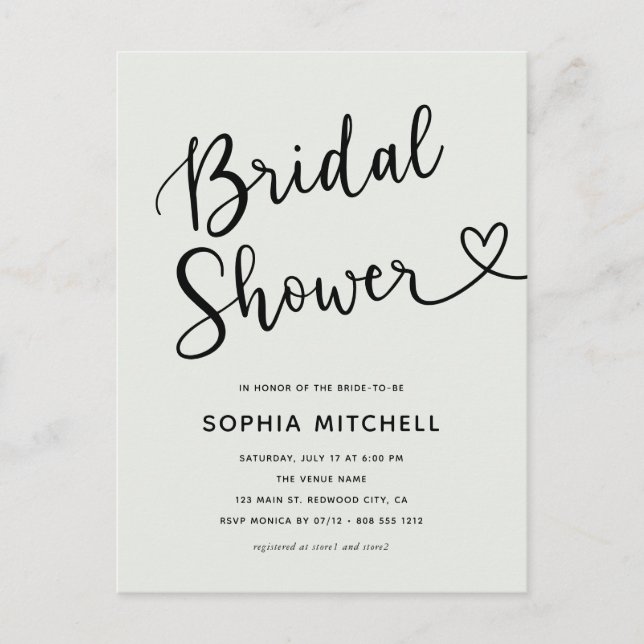 Simple Minimalist Script Heart Bridal Shower Postcard (Front)