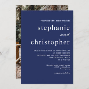 Simple Minimalist Script Navy Blue Photo Wedding Invitation
