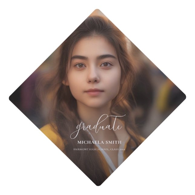 Simple Minimalist Script Photo High School Graduation Cap Topper (Front)