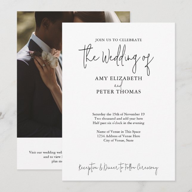 Simple, Minimalist Script - QR - BW Wedding Photo Invitation (Front/Back)