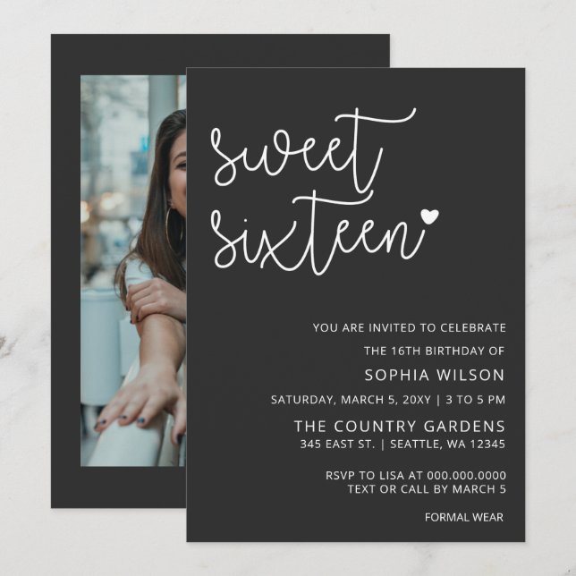 Simple Minimalist Script Sweet 16 Birthday Photo I Invitation (Front/Back)