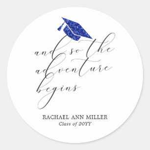 Simple Minimalist Script the Adventure Begins Grad Classic Round Sticker