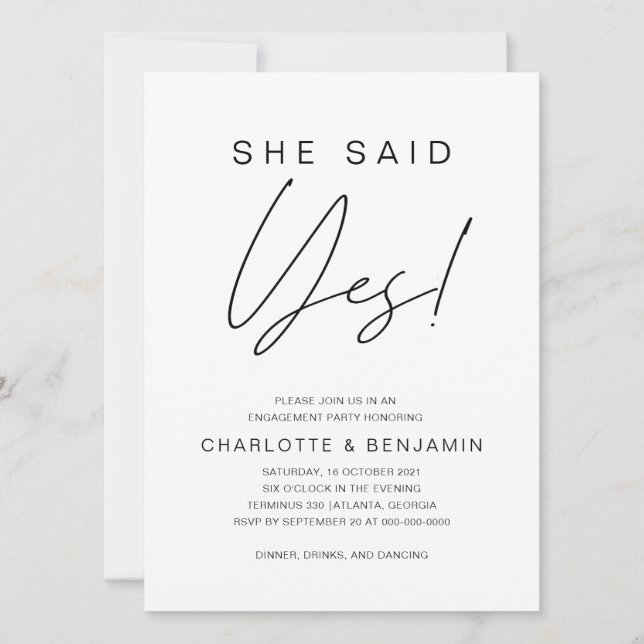 Simple Minimalist She Said Yes Engagement Party Invitation (Front)