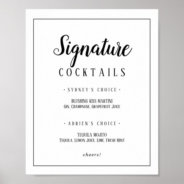 Simple Minimalist Signature Cocktails Frame Sign (Front)
