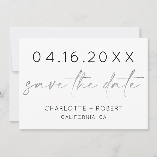 Simple minimalist silver script font save the date (Front)