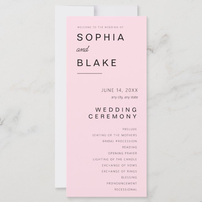 Simple Minimalist Soft Pink Wedding Program (Front)
