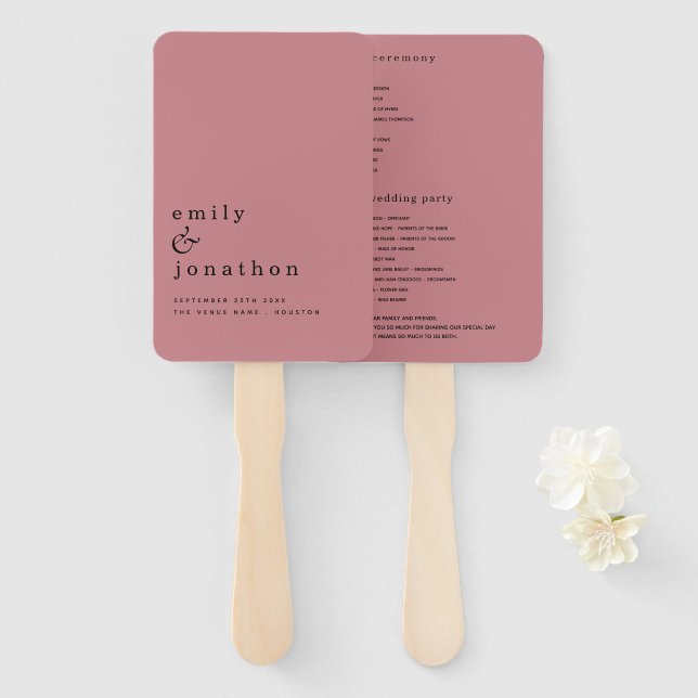 Simple Minimalist Text Dusty Rose Wedding Program Hand Fan (Front and Back)