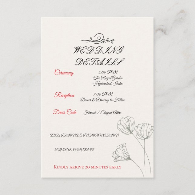 Simple Minimalist Wedding Details Card (Front)