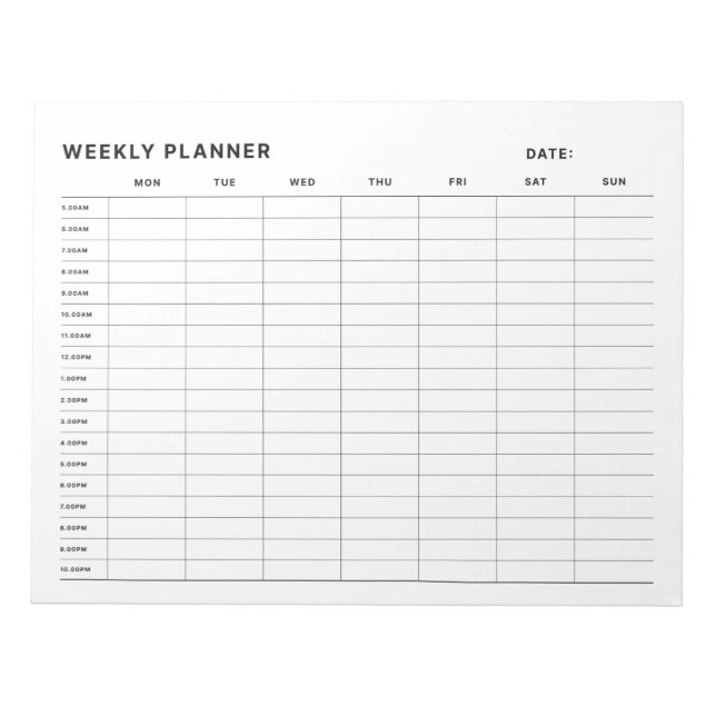 Simple Minimalist Weekly Hourly Planner Notepad (Front)