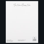 Simple Minimalist White Address Name Logo Letterhead<br><div class="desc">Professional letterhead in white with black text. Add business name,  contact info,  and logo. Minimalist letterhead with your name or company name in a signature script. Personalize with your logo and contact information. Perfect for small businesses,  inns,  B&B's,  and similar.</div>