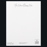 Simple Minimalist White Address Name Logo Letterhead<br><div class="desc">Professional letterhead in white with black text. Add business name,  contact info,  and logo. Minimalist letterhead with your name or company name in a signature script. Personalize with your logo and contact information. Perfect for small businesses,  inns,  B&B's,  and similar.</div>