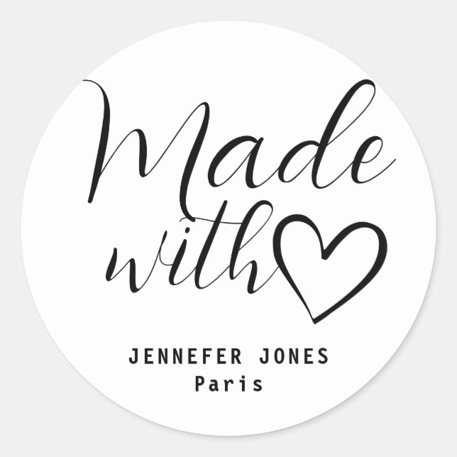 Simple Minimalist White Black Made With Love Heart Classic Round Sticker (Front)