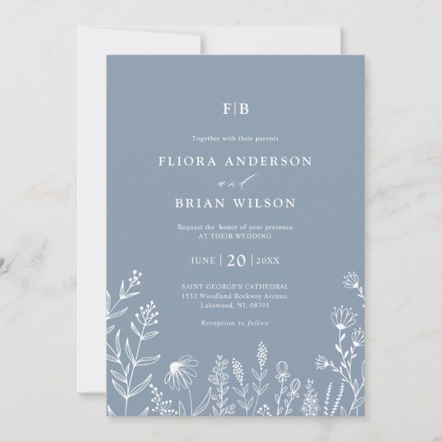 Simple Minimalist Wildflower Dusty Blue Wedding In Invitation (Front)