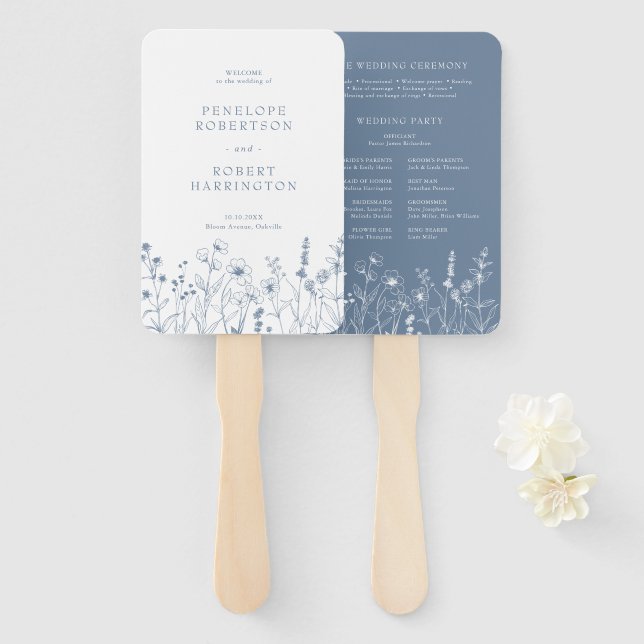 Simple Minimalist Wildflower Wedding Program Hand Fan (Front and Back)
