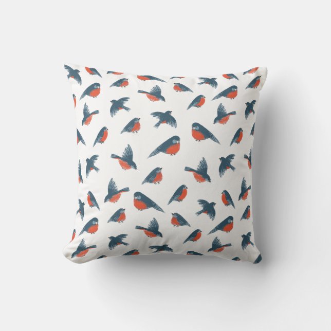 Simple Minimalist Winter Blue Red Bird Pattern Throw Pillow (Front)