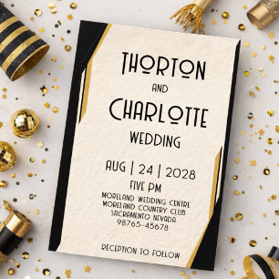 Simple Minimalistic Art Deco Black Gold Wedding Invitation