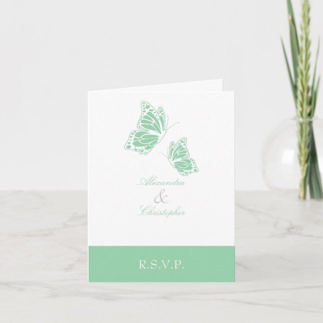 Simple Mint Green Butterfly RSVP Note Invitation (Front)