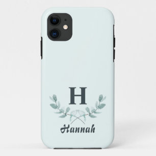 Simple Mint Green Eucalyptus Leaf Monogrammed iPhone 11 Case