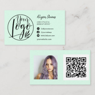 Simple mint green hair makeup photo logo qr code  business card