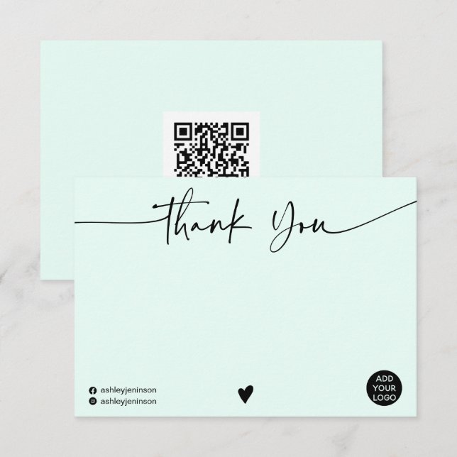 Simple mint green thank you script logo qr code card (Front/Back)