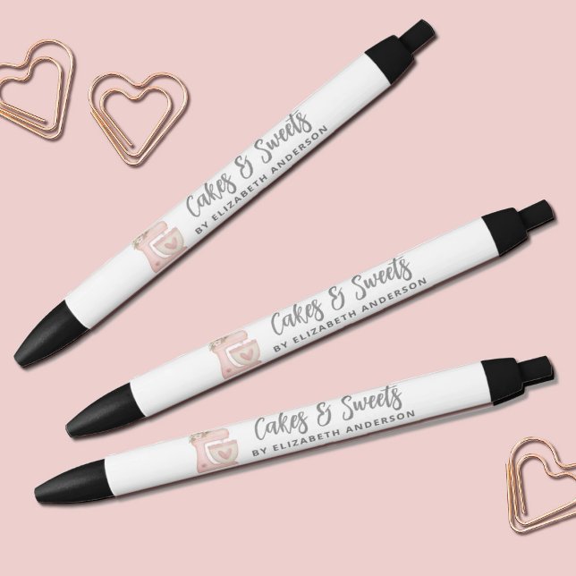 Simple Mixer Floral Cake Bakery Business Black Ink Pen (Cute pink mixer bakery business pens. Personalize them with your name)
