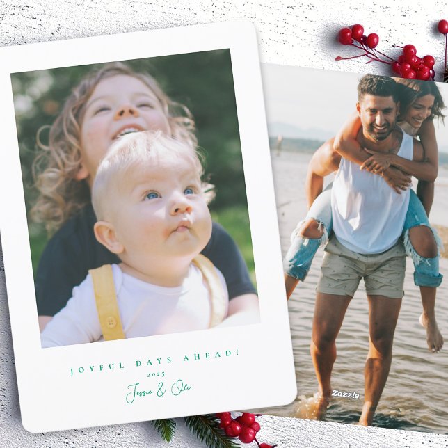 simple modern 2 photo green script new year’s holiday card (Creator Uploaded)