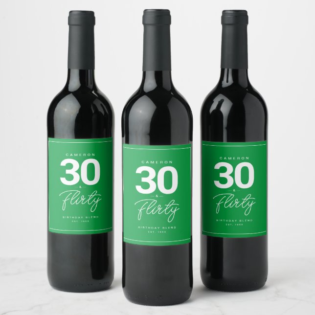 Simple Modern 30 & Flirty Personalized Neon Green Wine Label (Bottles)