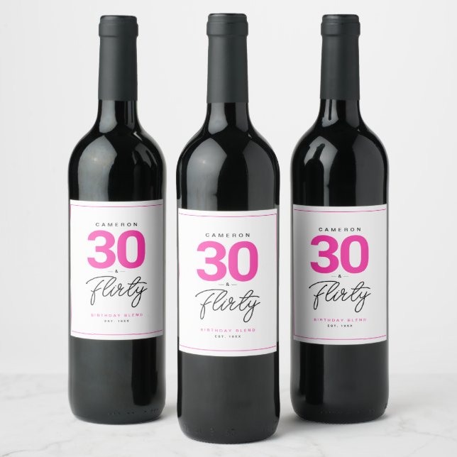Simple Modern 30 & Flirty Personalized Wine Label (Bottles)