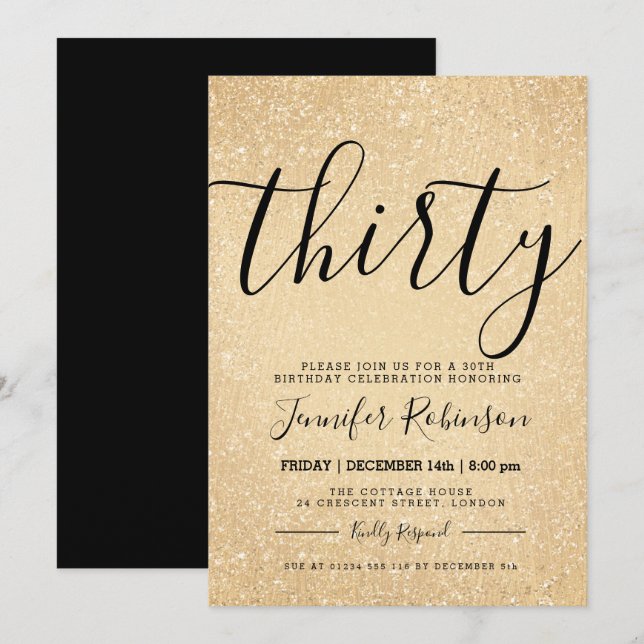 Simple + Modern 30th Birthday Gold Glitter Paint Invitation (Front/Back)