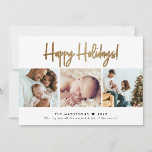 Simple Modern 3 family photos Happy Holidays Gold Thank You Card