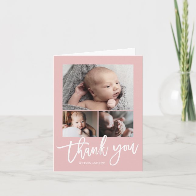 Simple Modern 3 Photo Collage Baby Photo  Thank You Card (Front)