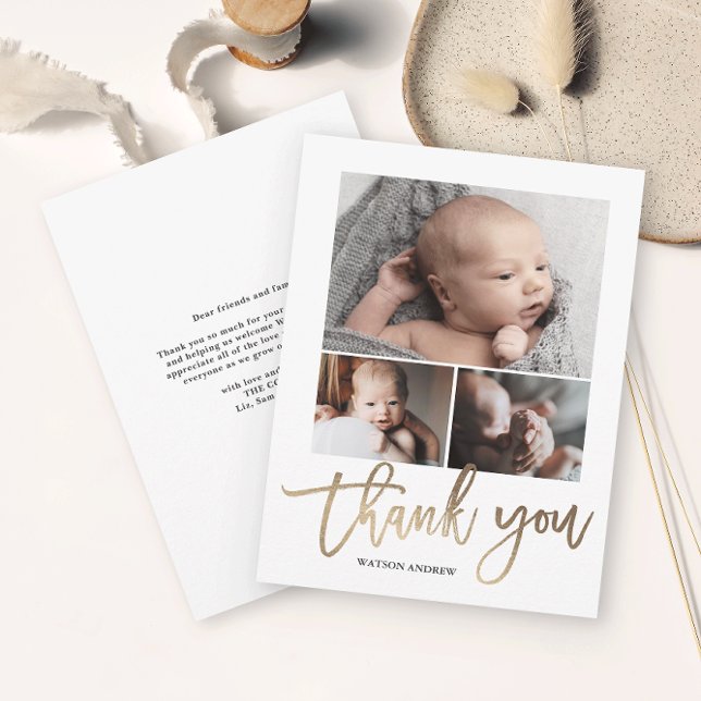 Simple Modern 3 Photo Collage Baby Photo  Thank You Card (Simple photo collage baby thank you card with modern handwritten script in gold foil.)