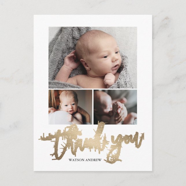 Simple Modern 3 Photo Collage Baby Photo Thank You Postcard (Front)