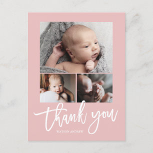 Simple Modern 3 Photo Collage Baby Photo Thank You Postcard