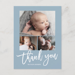 Simple Modern 3 Photo Collage Baby Photo Thank You Postcard