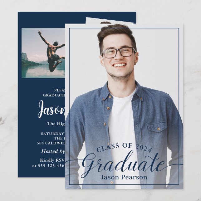 Simple Modern 3 Photo Navy Blue Script Graduation Invitation (Front/Back)