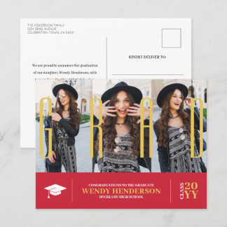 Simple Modern 3 Photo Red Graduation Announcement Postcard