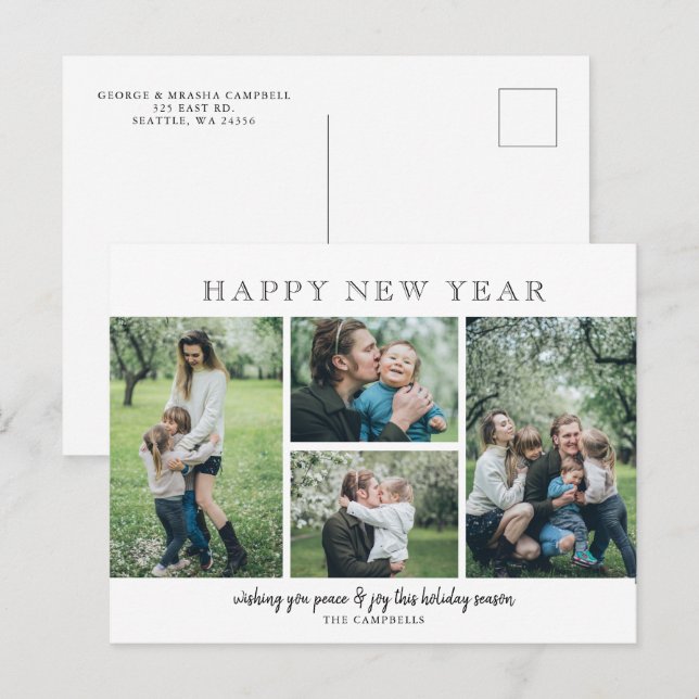 Simple Modern 4 photos Happy New Year Holiday Postcard (Front/Back)
